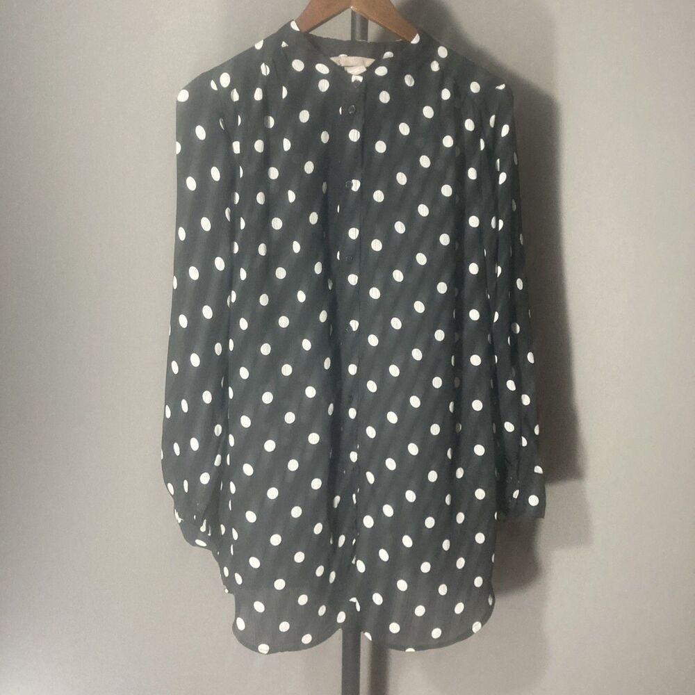 H&M black white polka dot long sleeve button up semi sheer top L